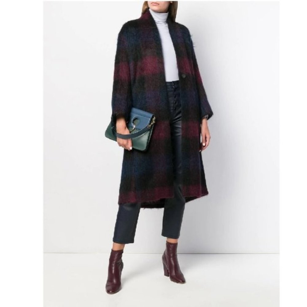 VINCE Brushed Plaid Wool Blend Long Coat